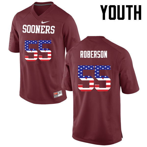 Youth Oklahoma Sooners #55 Logan Roberson College Football USA Flag Fashion Jerseys-Crimson - Click Image to Close